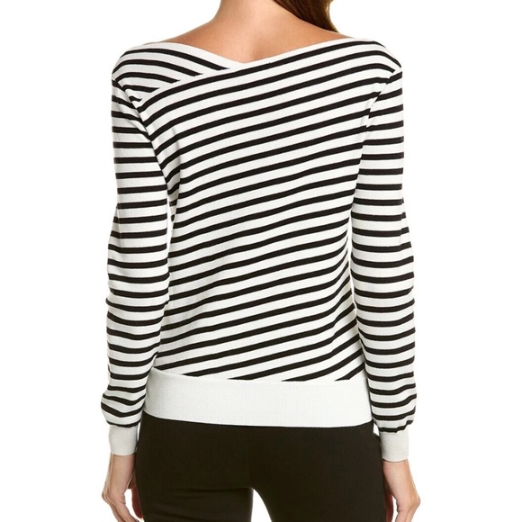 Gracia Asymmetrical Striped Boat Neck Embroidered Trim Sweater Size: Large. - Picture 3 of 16